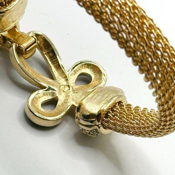 Swan SWAROVSKI Crystal Rhinestone Gold Mesh Black Enamel Bow Bracelet - Picture 4 of 10